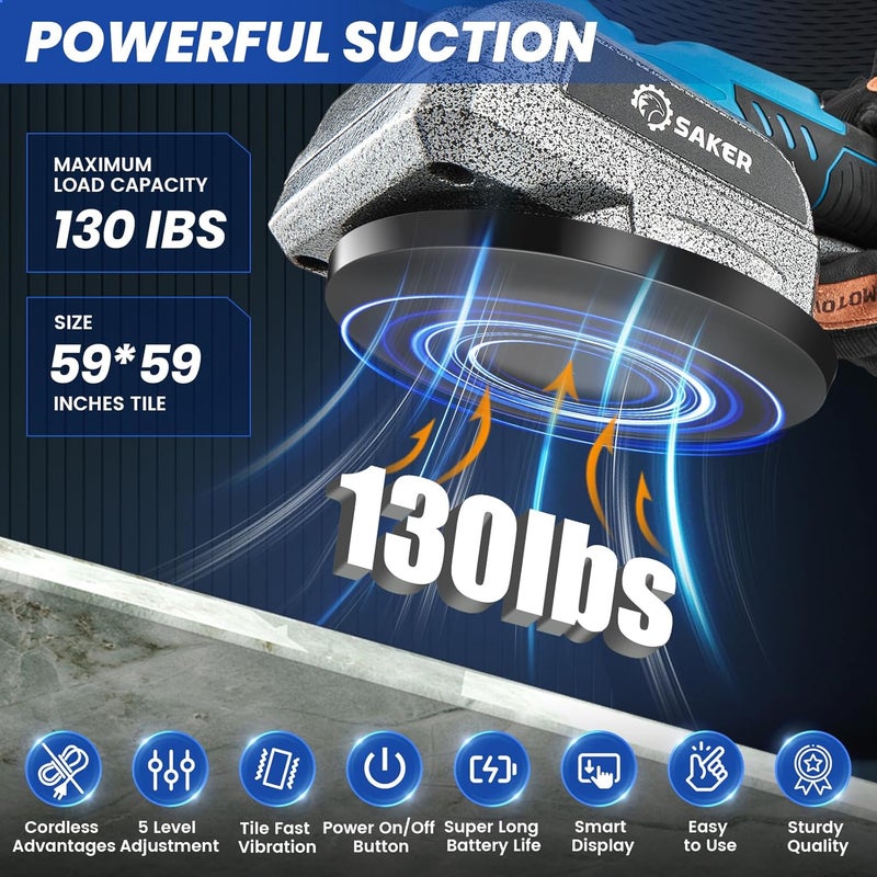 Saker Cordless Tile Vibration Tool with 2 x 22V Batteries,Portable Tile Suction Cup Tool with Digital Display,Handheld Tile Vibration Leveling Machine with 5 Adjust Speed,For Tile,Wood,Floor,Wall - Image 2